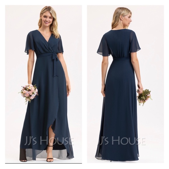 JJs House Dresses & Skirts - JJHOUSE Bridesmaid Dress High Low Flutter Sleeve Wrap Chiffon Dark Navy Blue 8